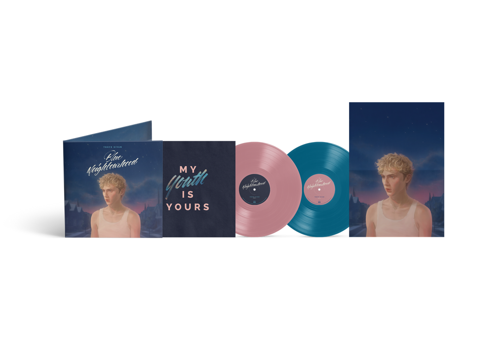 the album cover for Troye Sivan - Blue Neighbourhood 'Ten Years On' - 10th Anniversary [Blush Pink & Aqua Blue]