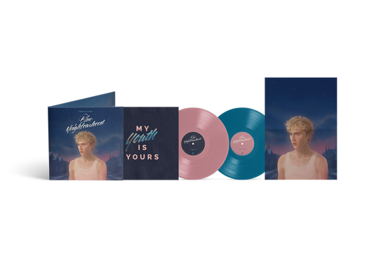 the album cover for Troye Sivan - Blue Neighbourhood 'Ten Years On' - 10th Anniversary [Blush Pink & Aqua Blue]