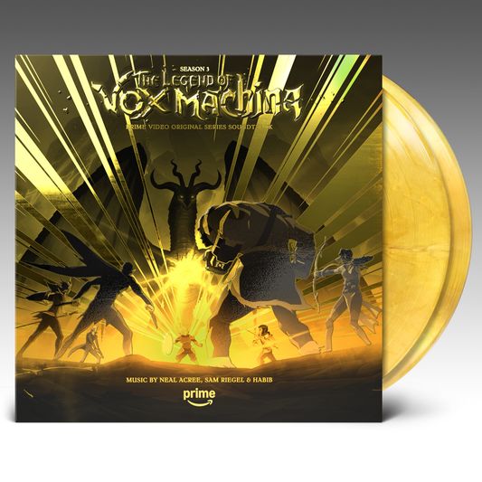 the album cover for Neal Acree, Sam Riegel and Mr. Fantastic - The Legend of Vox Machina - Season 3 (Prime Video Original Series Soundtrack) [Metallic Gold]
