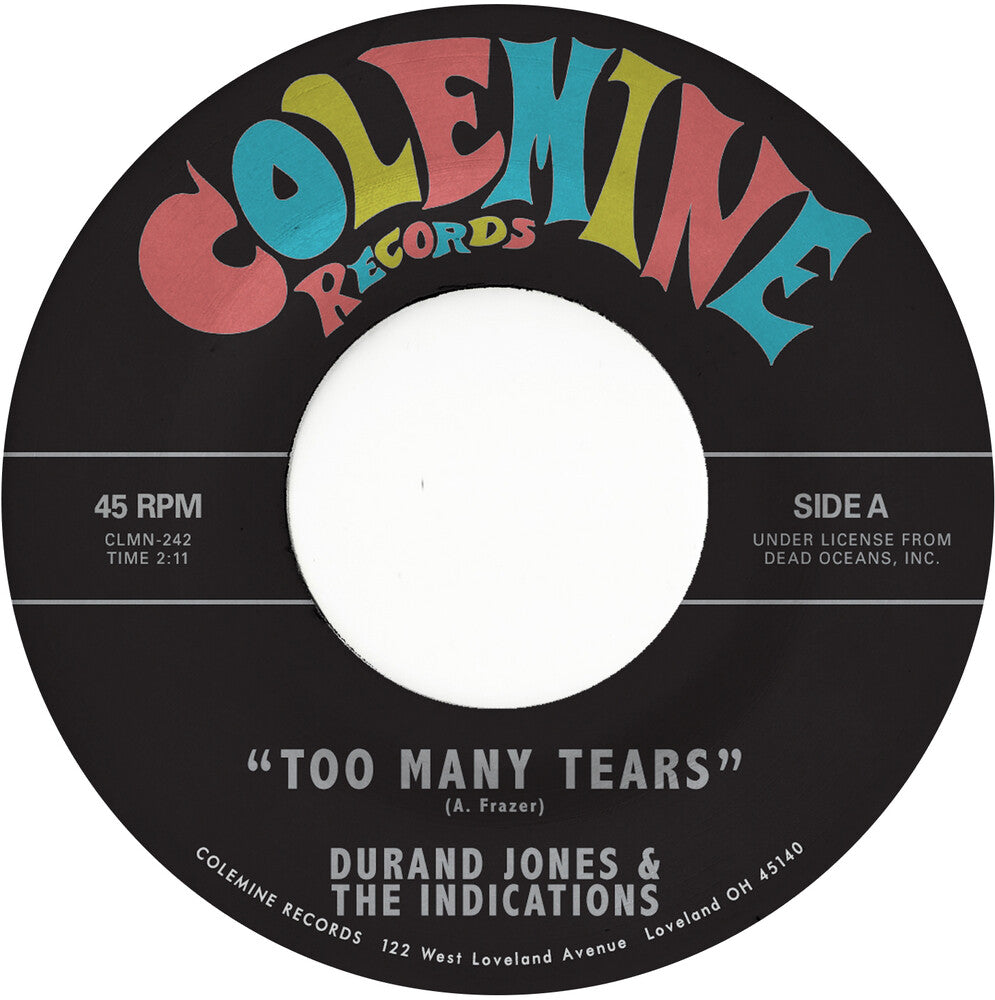the album cover for Durand Jones & The Indications - Too Many Tears / Cruisin' to the Parque [Sea Glass Blue Vinyl Single]