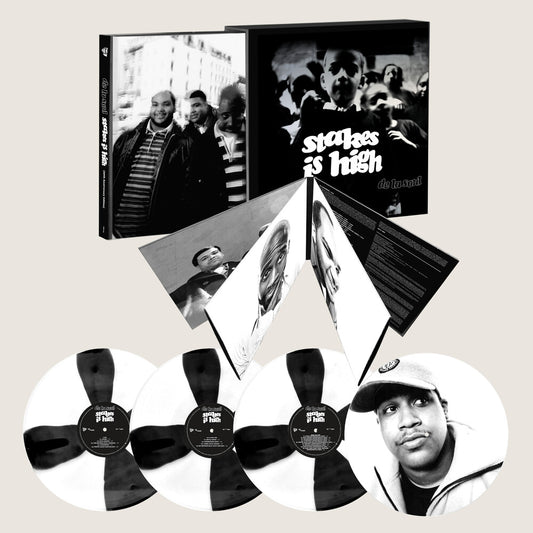 the album cover for De La Soul - Stakes Is High - 30th Anniversary [Black and White Spoke Effect + print of Dave]